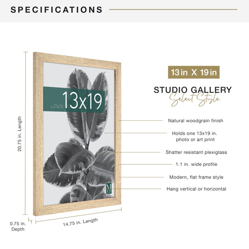 MCS Studio Gallery 13x19 Picture Frame Natural Woodgrain, Rectangle Photo Frame for Photos, Posters & Art Prints (1-Pack) ,19"L x 13"W - Image 4